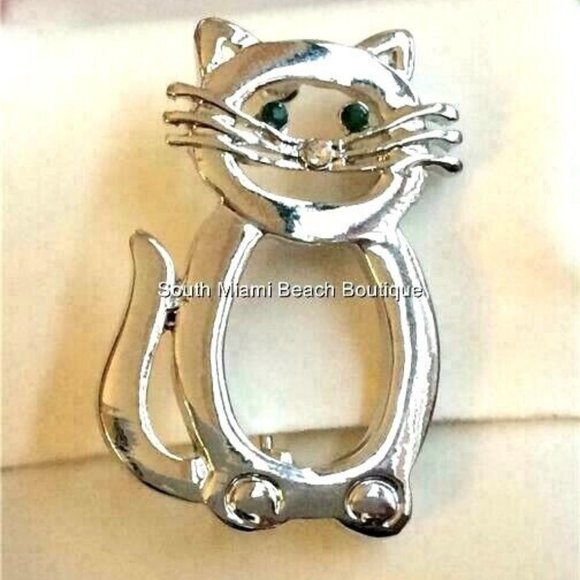 Cat Kitten Pin Brooch Crystal Silver Rhodium Plated Kitty Lady Rescue Vet Gift - Picture 5 of 8